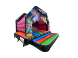 Airquee 15x15ft multicoloured disco A-frame bouncy castle with vibrant party graphics and speaker pocket compatibility.