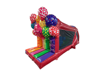 Airquee multicoloured 3D party fun run obstacle course with balloon decorations, bish bash features, and slide finish.