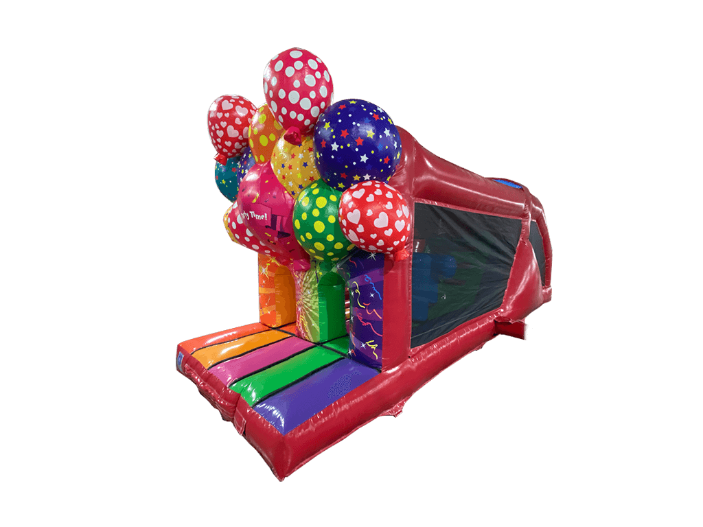 Airquee multicoloured 3D party fun run obstacle course with balloon decorations, bish bash features, and slide finish.
