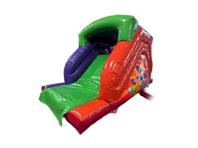 Airquee multicoloured inflatable party garden slide with 1.75m platform and vibrant balloon artwork