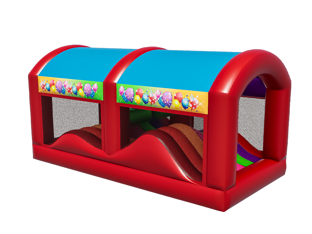 Airquee multicoloured inflatable wave section for modular assault courses with red frame and balloon print accents