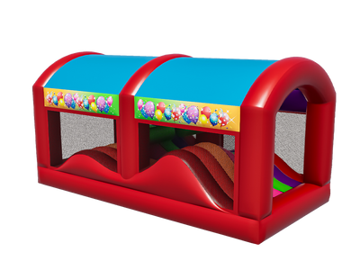 Airquee multicoloured inflatable wave section for modular assault courses with red frame and balloon print accents
