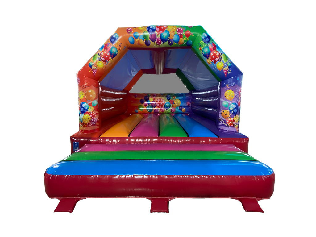 Airquee 5.5x5m multicoloured A-frame bouncy castle with vibrant balloon and streamer party artwork on gloss PVC