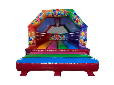 Airquee 5.5x5m multicoloured A-frame bouncy castle with vibrant balloon and streamer party artwork on gloss PVC