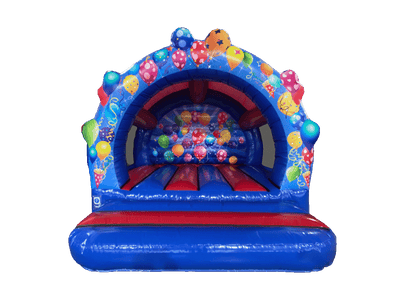 Airquee multicoloured party bouncer with balloon artwork, contoured front arch, and spacious inflatable bounce area.