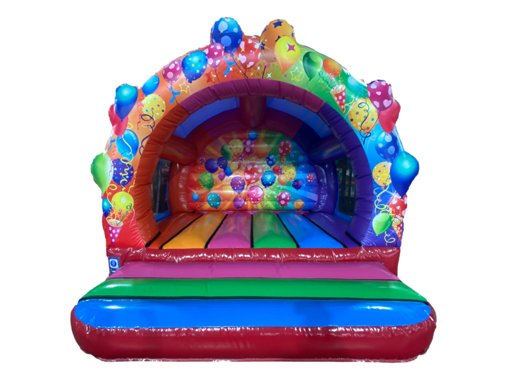 Airquee multicoloured party bouncer with balloon artwork, contoured front arch, and spacious inflatable bounce area.