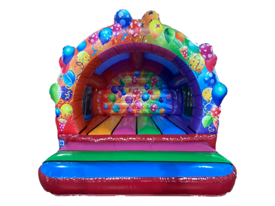 Airquee multicoloured party bouncer with balloon artwork, contoured front arch, and spacious inflatable bounce area.