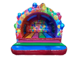 Airquee multicoloured party bouncer with balloon artwork, contoured front arch, and spacious inflatable bounce area.