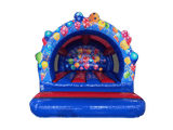 Airquee multicoloured party bouncer with balloon artwork, contoured front arch, and spacious inflatable bounce area.