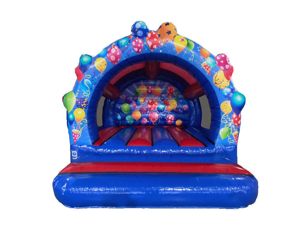 Airquee multicoloured party bouncer with balloon artwork, contoured front arch, and spacious inflatable bounce area.