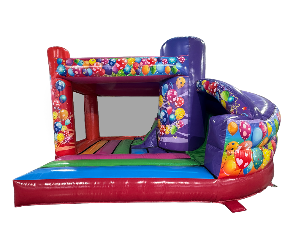 Airquee multicoloured party themed inflatable bouncy castle with integrated slide and balloon artwork