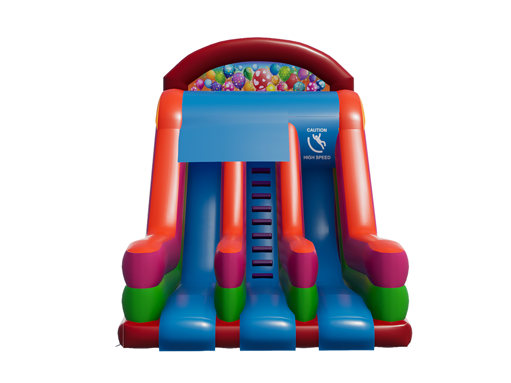 Airquee Multicoloured Party Rush & Slide commercial inflatable with vibrant red, blue, and green panels.