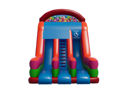 Airquee Multicoloured Party Rush & Slide commercial inflatable with vibrant red, blue, and green panels.