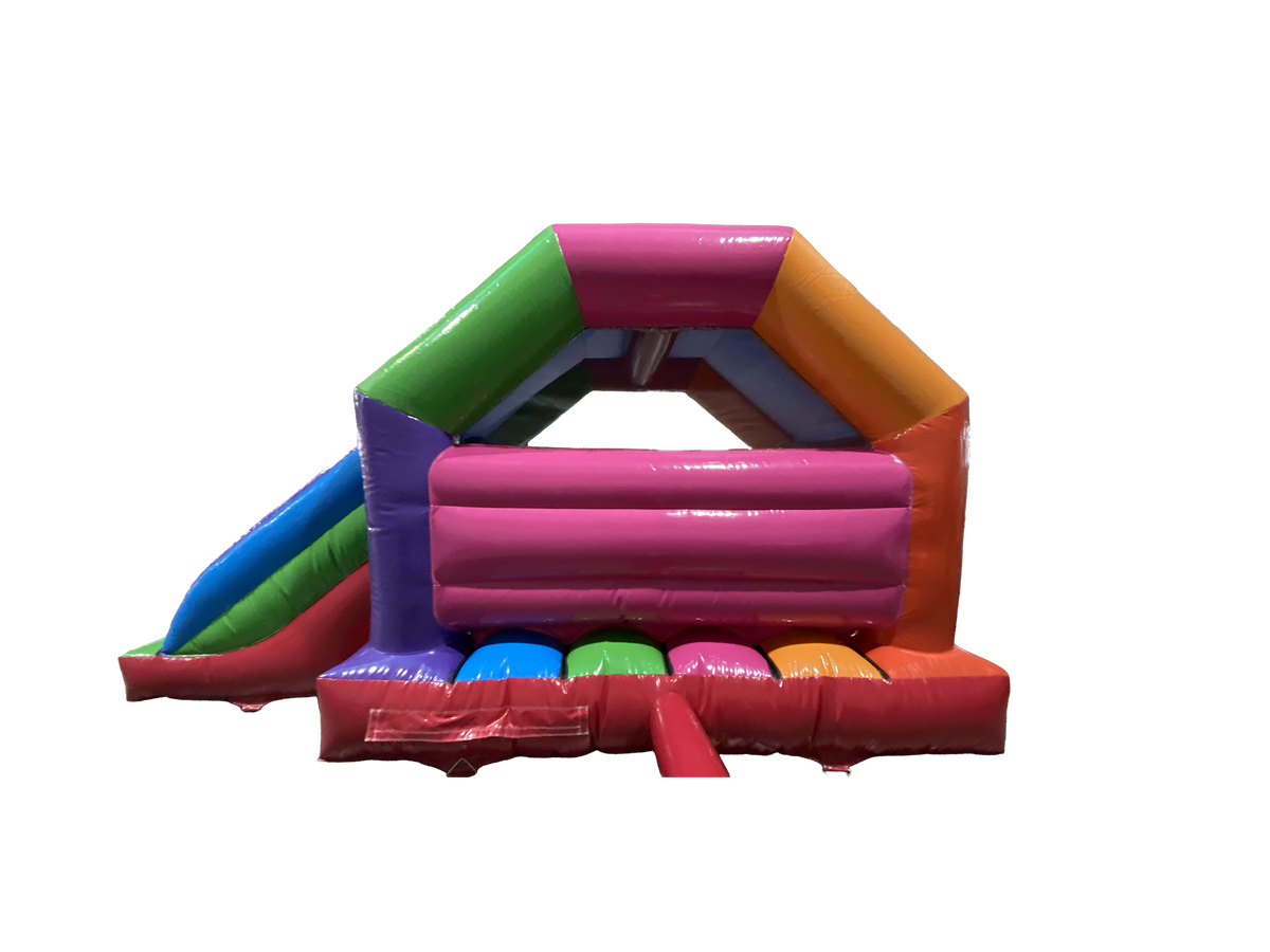 Airquee 6x4m multicoloured party bouncy castle with side slide, made from durable gloss PVC for event hire.