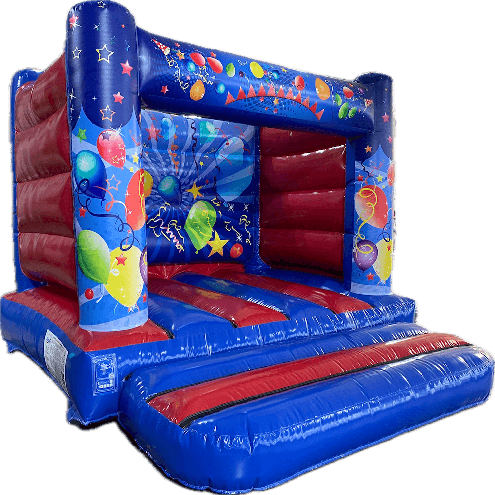 Airquee 4x4m party H-frame bouncy castle in blue and red gloss PVC with colourful balloon and star celebration artwork