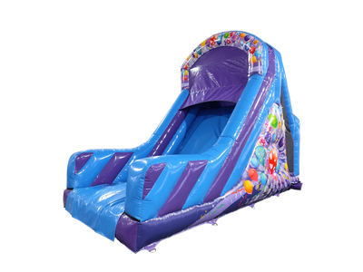 Airquee purple and ice blue inflatable 10ft modular party slide with balloon artwork for assault courses