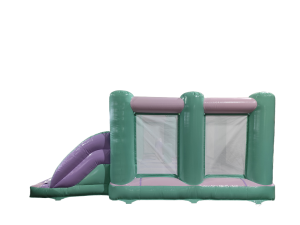 Airquee multicoloured pastel midi bouncer with double front slides, mesh panels, and mint and lilac inflatable design.