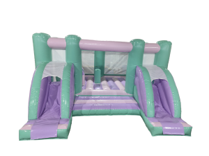 Airquee pastel midi bouncer with two front slides, mint green and lilac inflatable for commercial events.