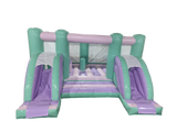 Airquee pastel midi bouncer with two front slides, mint green and lilac inflatable for commercial events.