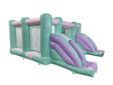 Airquee multicoloured pastel midi bouncer with two front slides, mesh panels, and mint and lilac inflatable design.