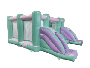 Airquee multicoloured pastel midi bouncer with two front slides, mesh panels, and mint and lilac inflatable design.