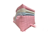 Airquee 1.5m pastel inflatable slide in pink, white, and blue gloss PVC, perfect for children's parties and events.
