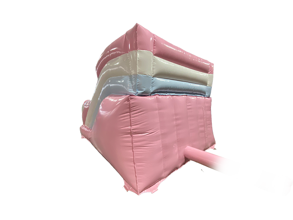 Airquee 1.5m pastel inflatable slide in pink, white, and blue gloss PVC, perfect for children's parties and events.