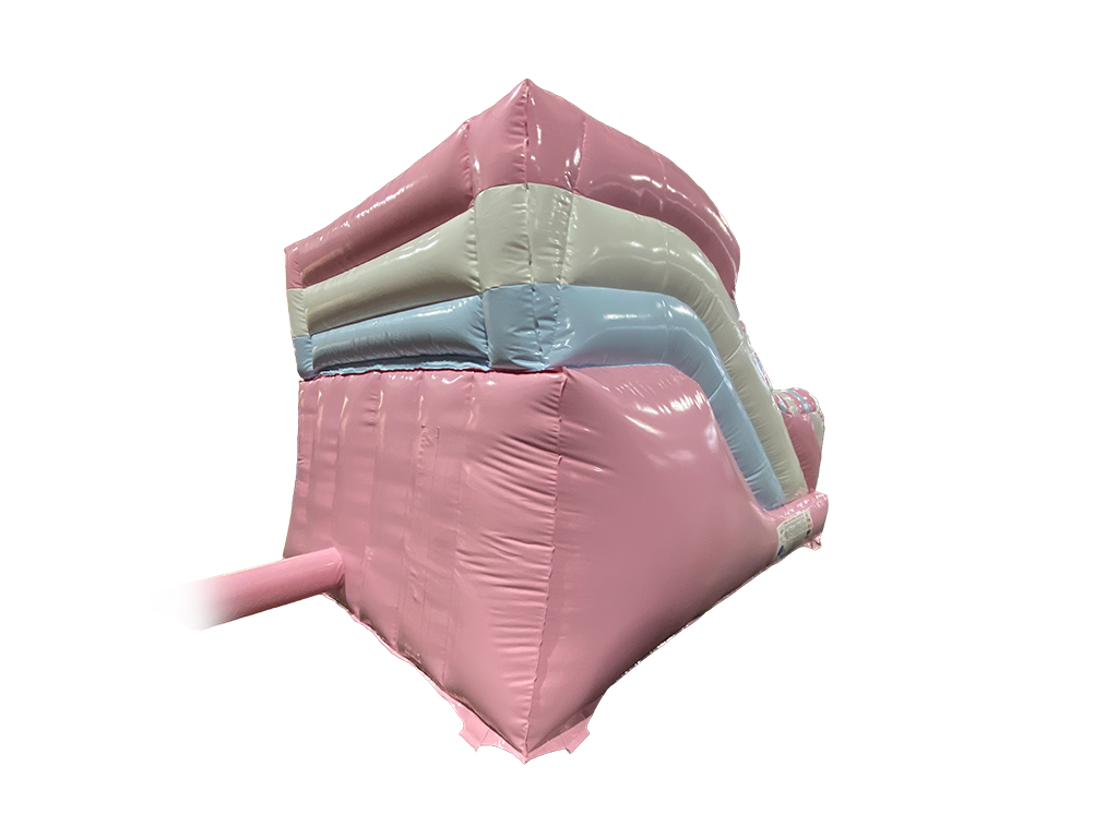 Airquee 1.5m inflatable twist slide in pastel pink, white, and blue gloss PVC for children's parties and events.