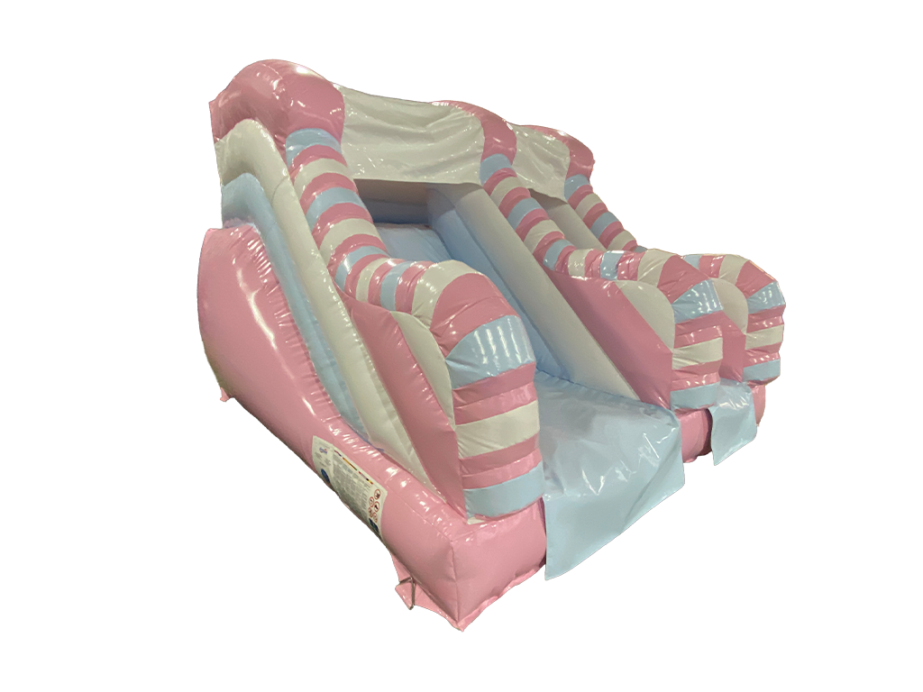 Airquee 1.5m pastel inflatable slide in pink, blue, and white with a twist design for children's parties.