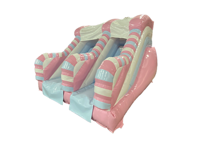 Airquee 1.5m pastel inflatable twist slide in pink, blue, and white gloss PVC for children's parties and events.
