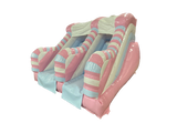 Airquee 1.5m pastel inflatable twist slide in pink, blue, and white gloss PVC for children's parties and events.