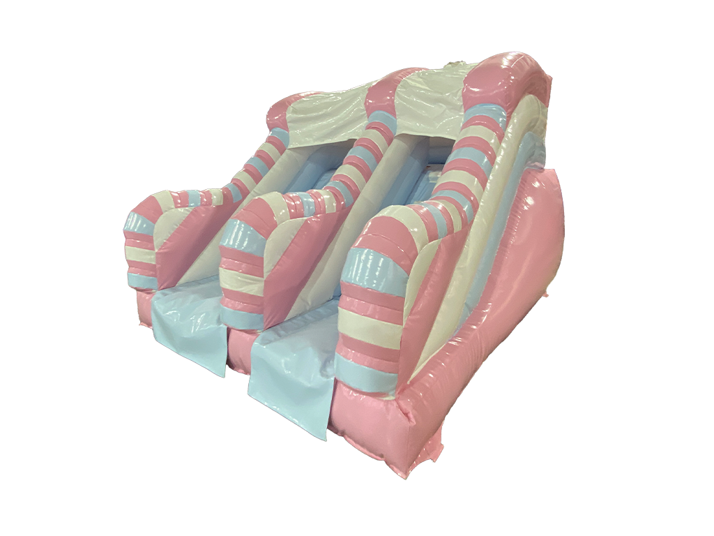 Airquee 1.5m pastel inflatable twist slide in pink, blue, and white gloss PVC for children's parties and events.