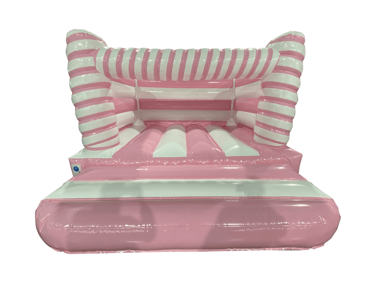 Airquee 4x4m pastel pink and white striped twist H-frame bouncy castle with 3D marshmallow-style pillars.