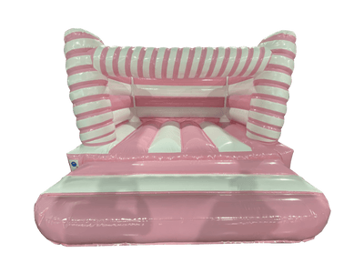 Airquee 4x4m pastel pink and white striped twist H-frame bouncy castle with 3D marshmallow-style pillars.