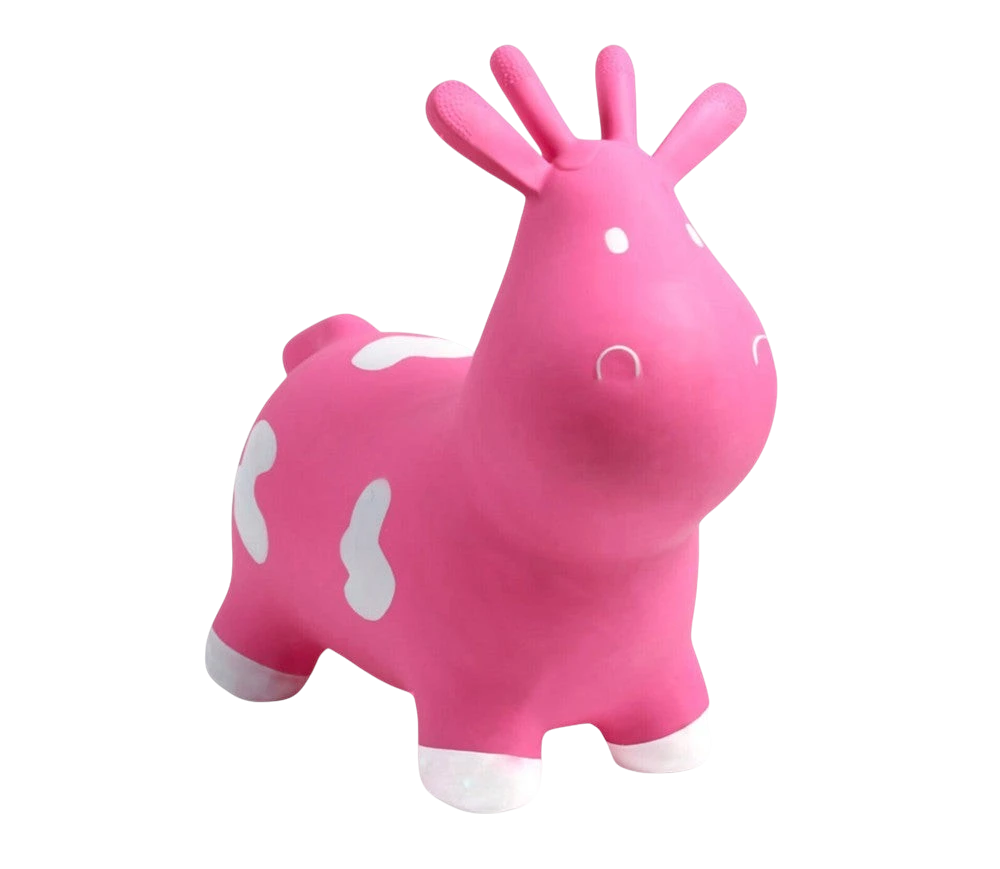 Airquee Pink Cow Happy Hopperz inflatable ride-on toy with white patches and easy-grip ears for toddlers