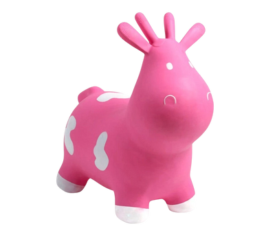Airquee Pink Cow Happy Hopperz inflatable ride-on toy with white patches and easy-grip ears for toddlers