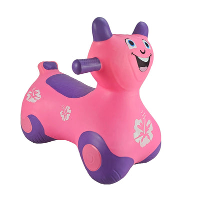 Airquee pink motorbike Happy Hopperz inflatable ride-on toy with purple accents and floral graphics for toddlers.