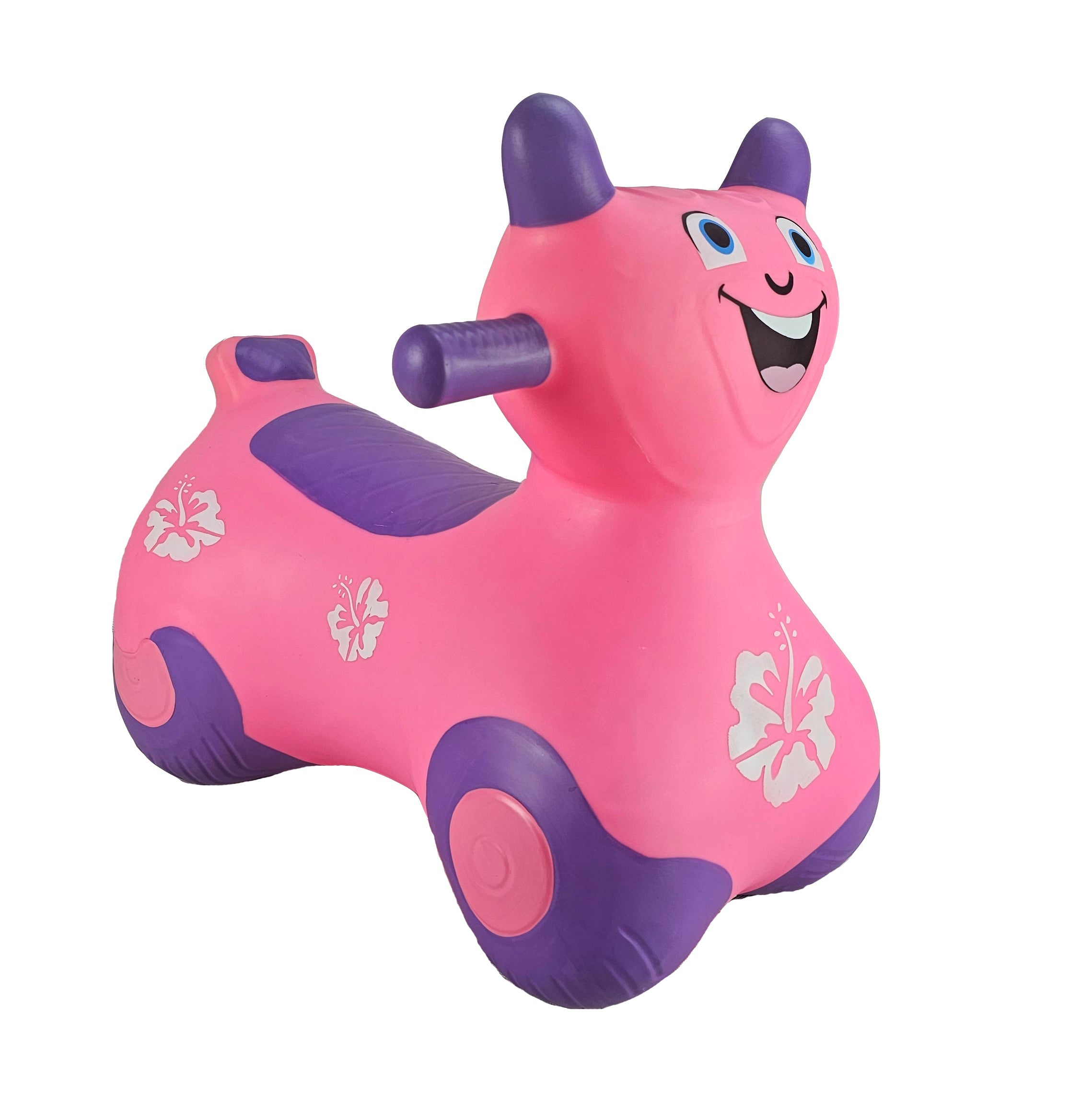 Airquee pink motorbike Happy Hopperz inflatable ride-on toy with purple accents and floral graphics for toddlers.