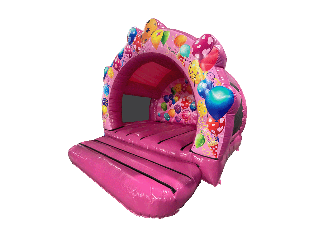 Airquee pink inflatable party bouncer with a contoured arch, balloon artwork, and netted sides for events.