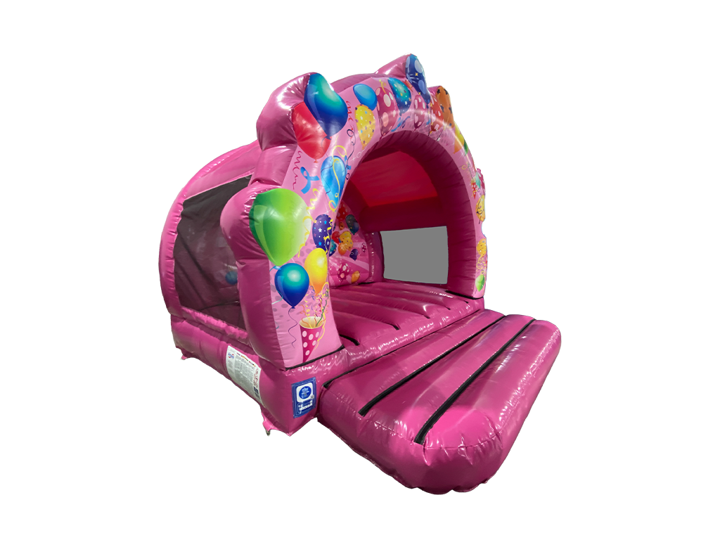 Airquee pink party themed inflatable bouncer with balloon artwork and contoured front arch for events
