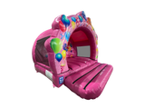 Airquee pink party themed inflatable bouncer with balloon artwork and contoured front arch for events
