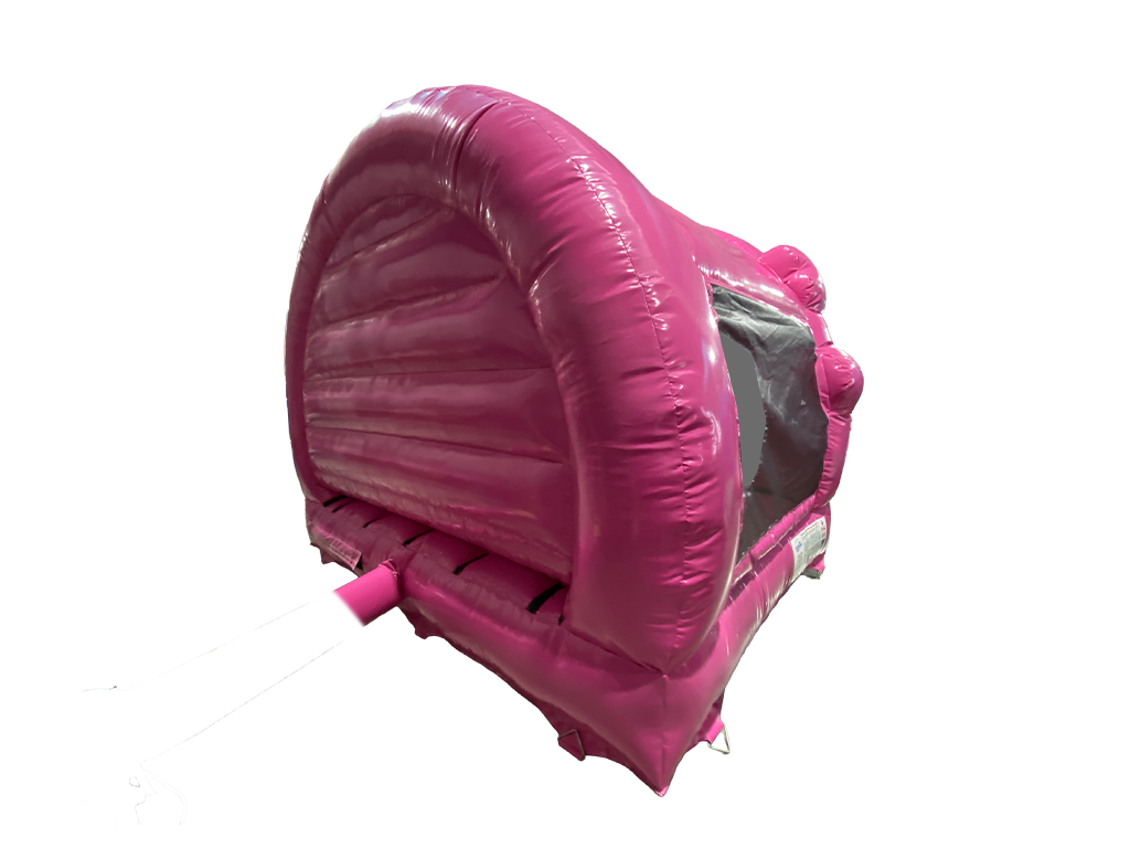 Airquee pink party contoured bouncer with a rounded front arch and netted sides for indoor or outdoor events