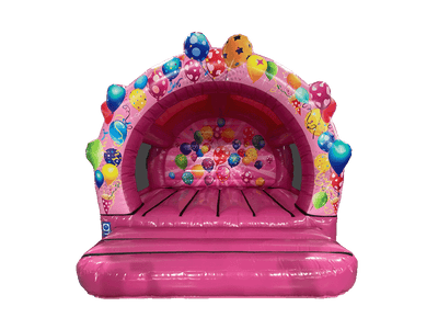 Airquee pink party contoured bouncer with balloon artwork, arched front, and netted sides for kids' events.