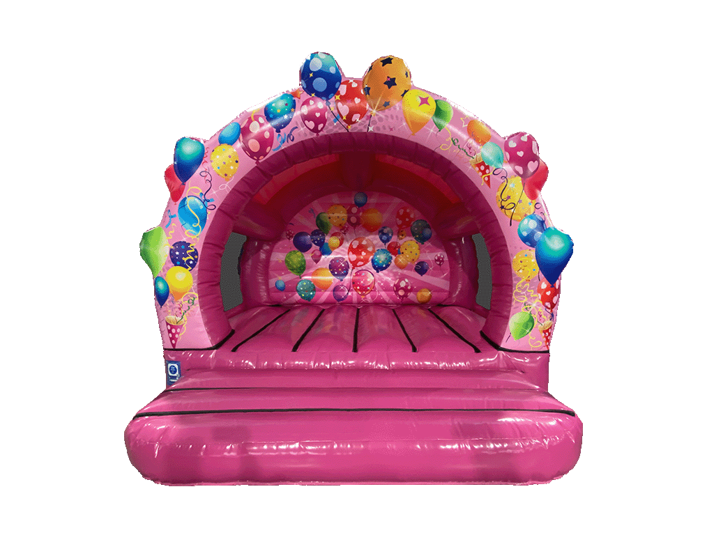 Airquee pink party contoured bouncer with balloon artwork, arched front, and netted sides for kids' events.