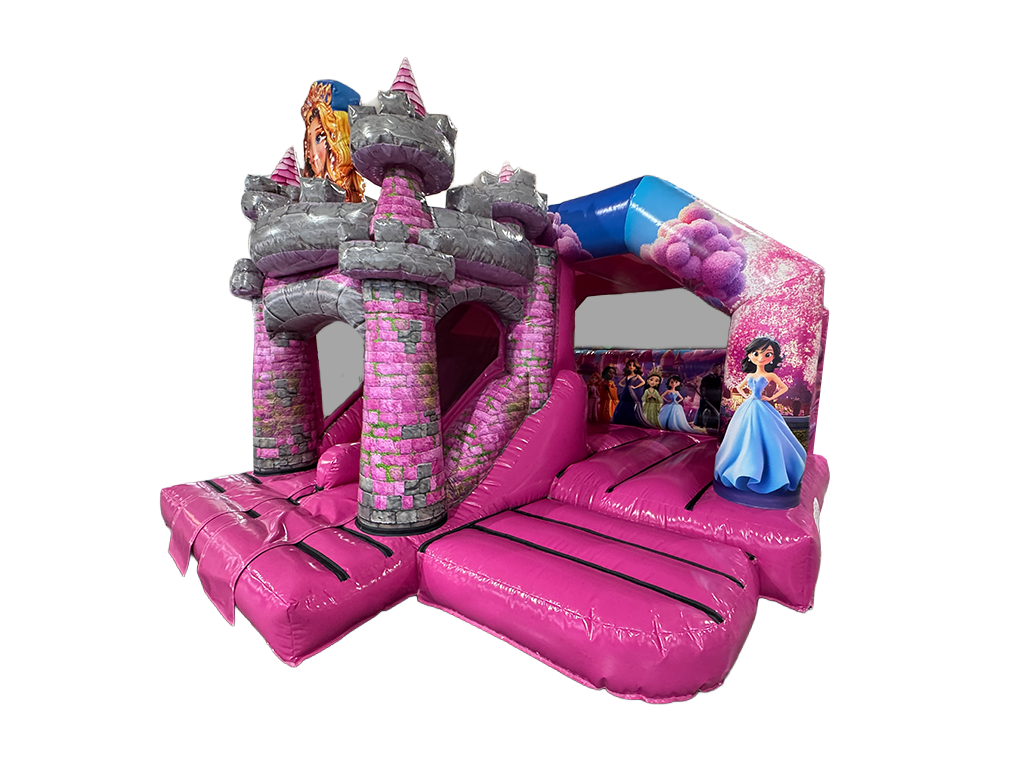 Airquee pink 3D princess castle bouncy castle with twin lane front slide and detailed turret artwork