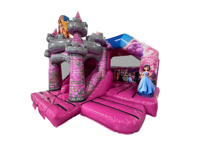 Airquee pink 3D princess castle bouncy castle with twin lane front slide and detailed turret artwork