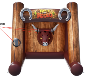 Airquee Ring the Rodeo inflatable game with timber-effect artwork, horseshoe details, and a 3D bull head target.