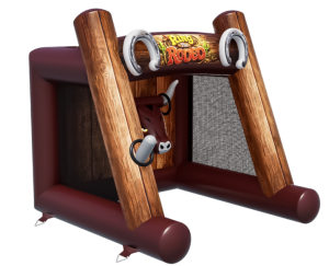 Airquee Ring the Rodeo inflatable game featuring a 3D bull head, timber-effect frame, and horseshoe detailing.
