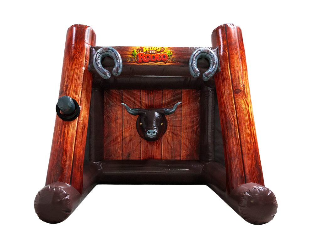 Airquee Ring the Rodeo inflatable game with timber-effect artwork, horseshoe details, and a 3D bull head target.