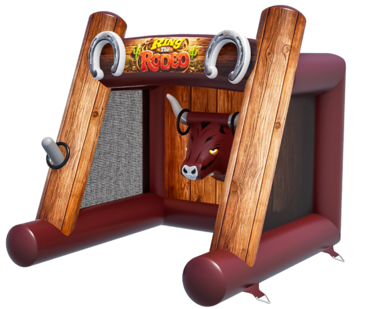 Airquee Ring the Rodeo inflatable ring toss game featuring a 3D bull head and timber-effect Western design.